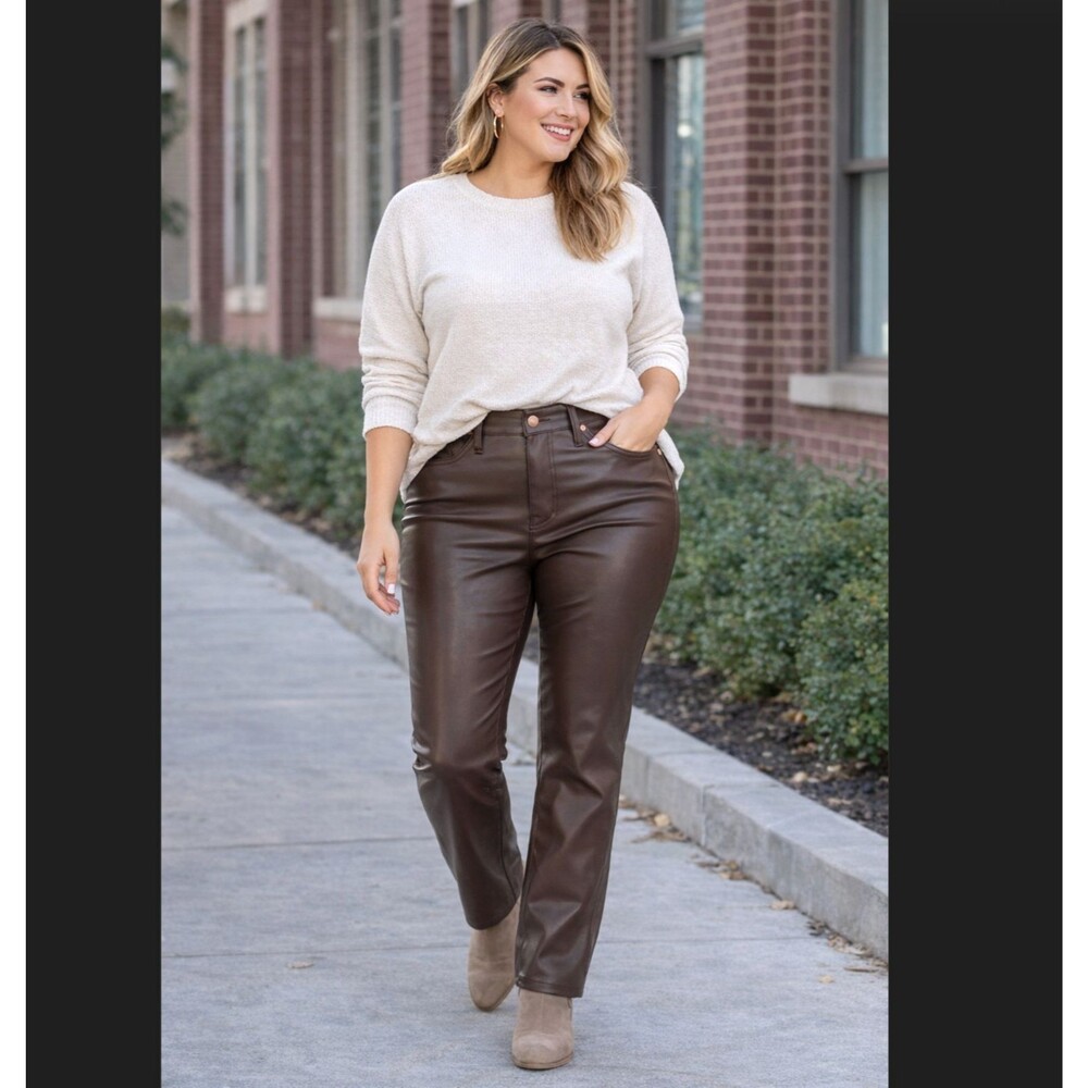 Judy Blue Faux Leather Pants 13/31 Brown High Rise Tummy Control Straight Pocket